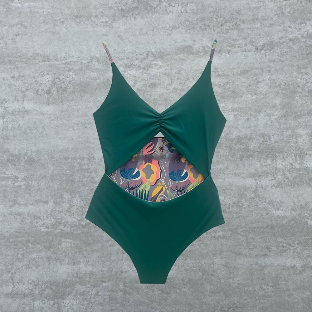 Bañador Mira Mar flores moradas reversible verde esmeralda