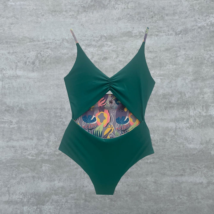 Bañador Mira Mar flores moradas reversible verde esmeralda